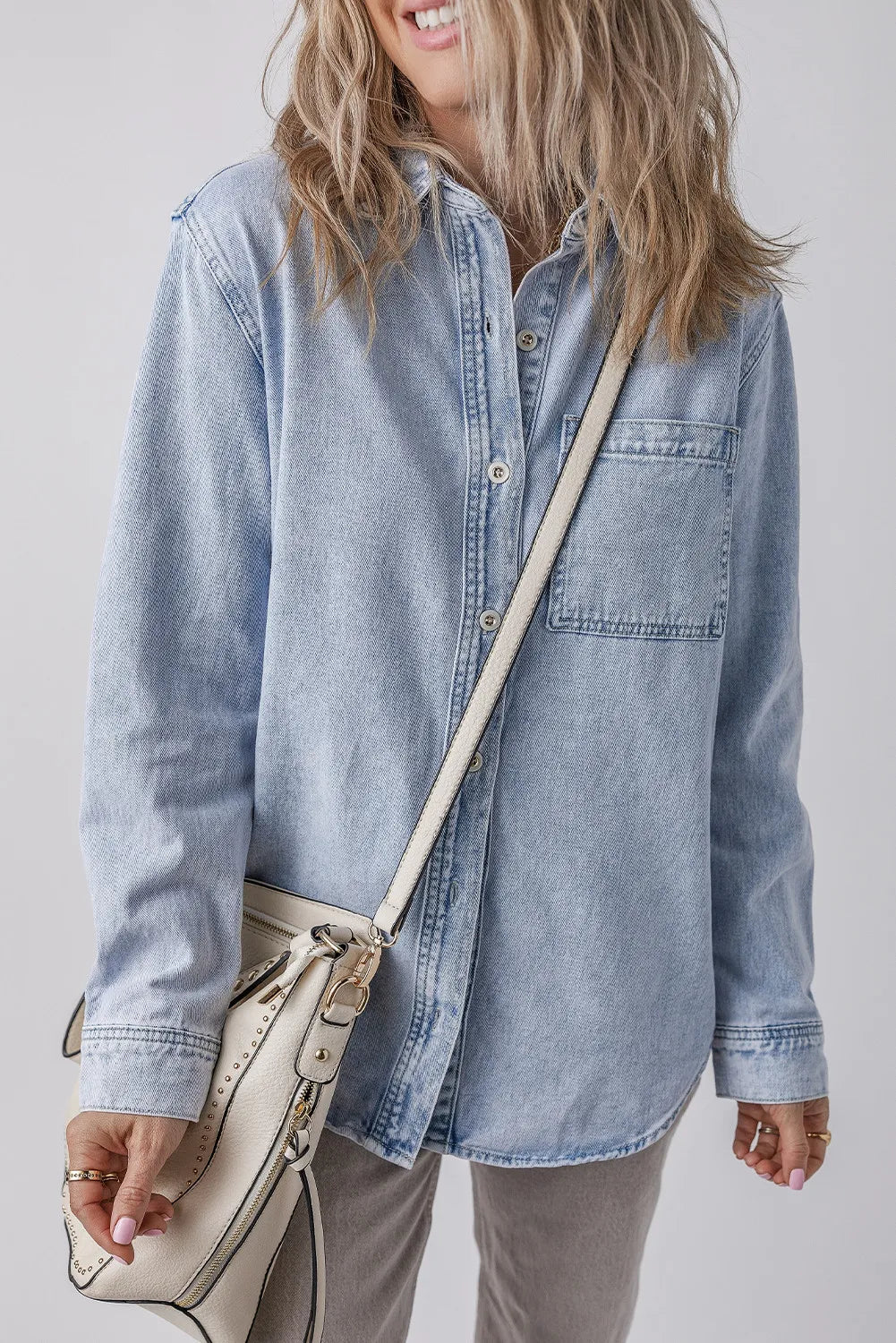 Distressed Denim Top for a Trendy and Edgy LookPocketed Collared Neck Denim Top