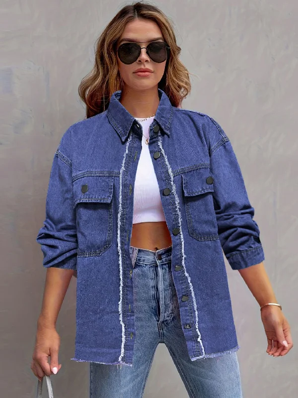 Studded Denim Top for a Glamorous and Bold StylePocketed Collared Neck Long Sleeve Denim Shirt Studded Denim Top for a Glamorous and Bold StylePocketed Collared Neck Long Sleeve Denim Shirt