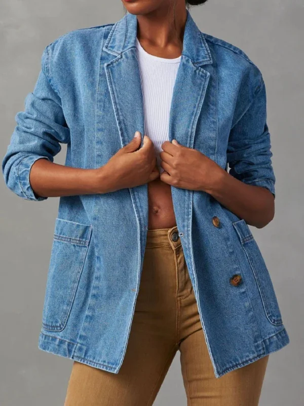 Denim Top with a Collared Neckline for a Preppy StylePocketed Lapel Collar Long Sleeve Denim Jacket Denim Top with a Collared Neckline for a Preppy StylePocketed Lapel Collar Long Sleeve Denim Jacket