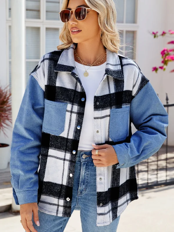 Button - Down Denim Top with a Classic DesignPocketed Plaid Snap Down Denim Jacket