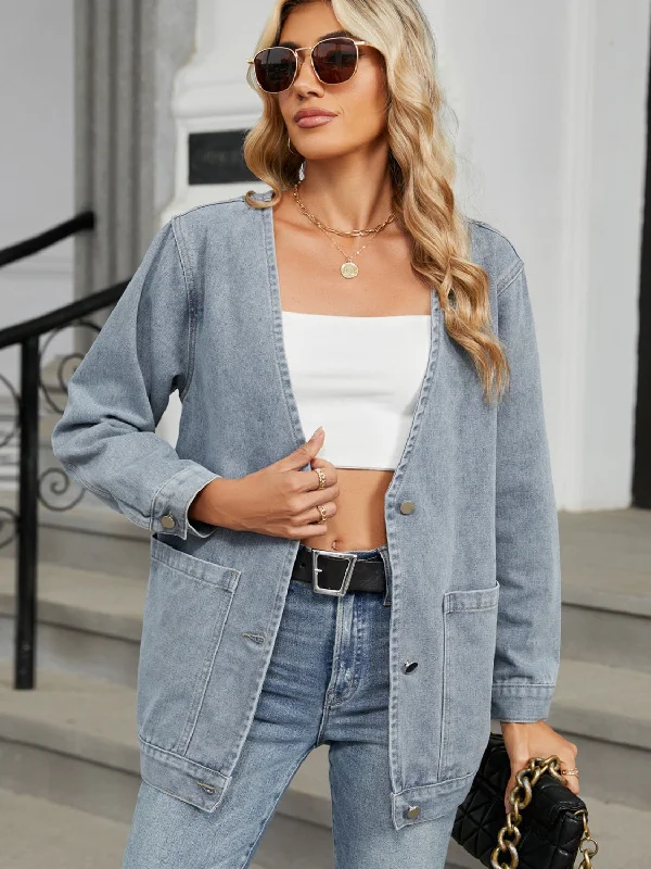 Patchwork Denim Top with a Unique and Artistic AppealPocketed V-Neck Button Up Denim Jacket Patchwork Denim Top with a Unique and Artistic AppealPocketed V-Neck Button Up Denim Jacket