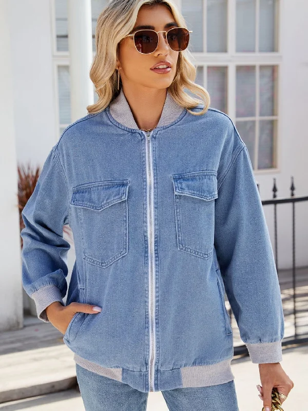 Denim Top for a Beachside Picnic with a Laid - Back StylePocketed Zip Up Baseball Collar Denim Jacket Denim Top for a Beachside Picnic with a Laid - Back StylePocketed Zip Up Baseball Collar Denim Jacket