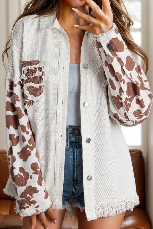 Denim Top with a Metallic Accent for a Shiny LookRaw Hem Animal Print Long Sleeve Denim Jacket Denim Top with a Metallic Accent for a Shiny LookRaw Hem Animal Print Long Sleeve Denim Jacket