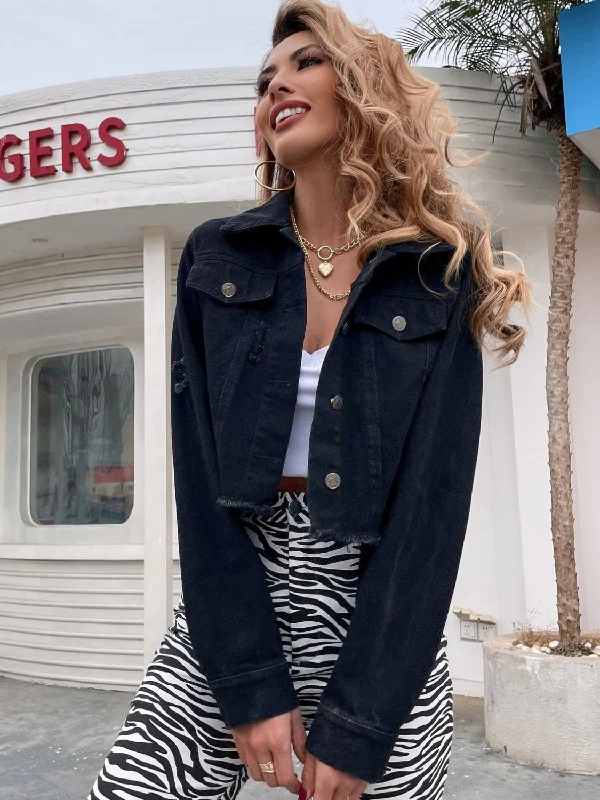 Distressed Denim Top for a Trendy and Edgy LookRaw Hem Collared Neck Cropped Denim Top Distressed Denim Top for a Trendy and Edgy LookRaw Hem Collared Neck Cropped Denim Top