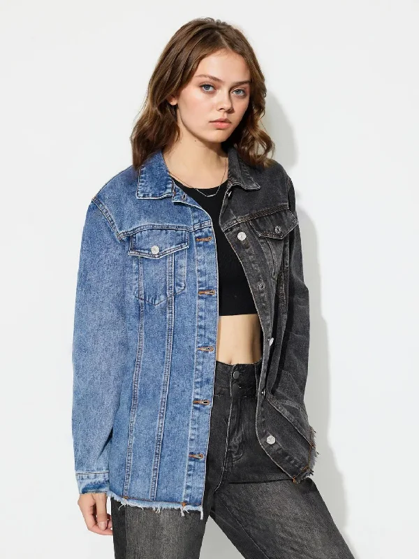 Oversized Denim Top for a Relaxed and Casual VibeRaw Hem Contrast Collared Neck Denim Top Oversized Denim Top for a Relaxed and Casual VibeRaw Hem Contrast Collared Neck Denim Top