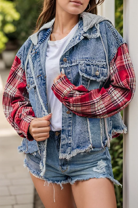 Ripped Denim Top for a Rebellious Fashion StatementRaw Hem Drawstring Plaid Denim Jacket Ripped Denim Top for a Rebellious Fashion StatementRaw Hem Drawstring Plaid Denim Jacket