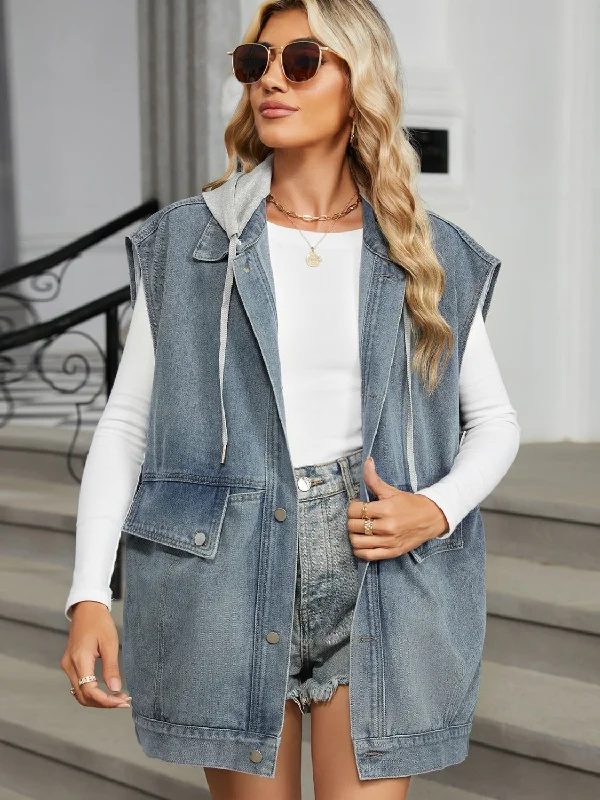 Sleeveless Denim Top for a Cool Summer LookRemovable Hood Button Up Cap Sleeve Denim Jacket Sleeveless Denim Top for a Cool Summer LookRemovable Hood Button Up Cap Sleeve Denim Jacket