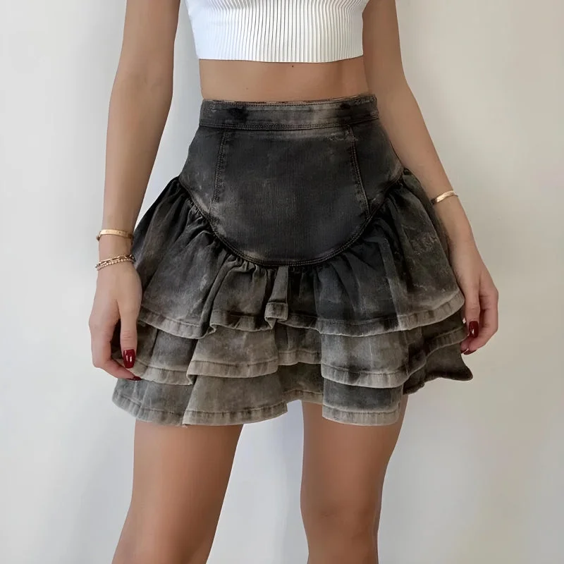 Black denim skirts for a versatile optionRuffled Denim Mini Skirt