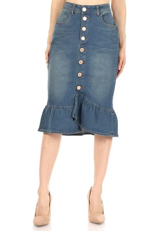 Blue denim skirts in various shadesRuffled Hem Denim Skirt (Vintage) - FINAL SALE