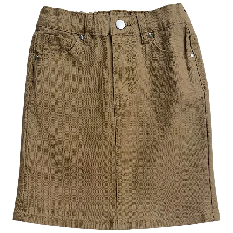 Button - front denim skirts for a traditional lookGIRLS JDA Dk. Khaki Denim Skirt w/ Elastic Waistband Button - front denim skirts for a traditional lookGIRLS JDA Dk. Khaki Denim Skirt w/ Elastic Waistband