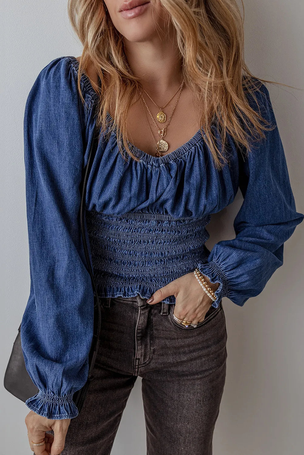 Denim Top with a Metallic Accent for a Shiny LookSmocked Long Sleeve Denim Top