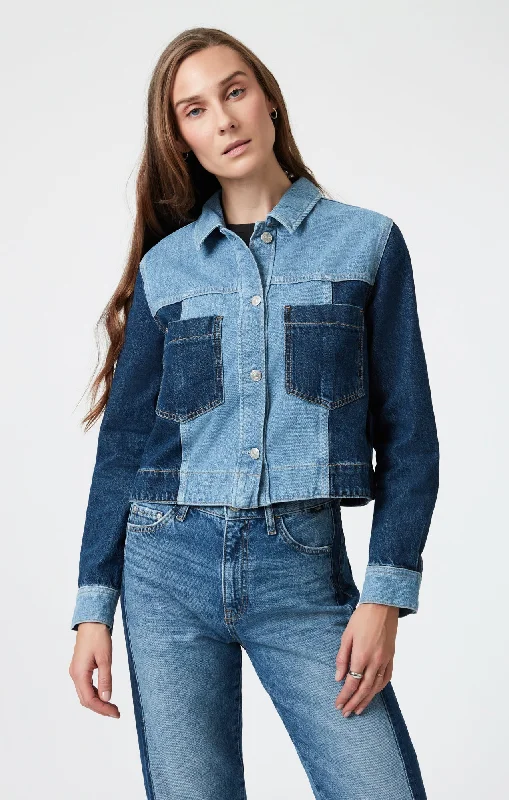 Denim Top with a Collared Neckline for a Preppy StyleTANYA DENIM JACKET IN MIX BLUE BLOCKING