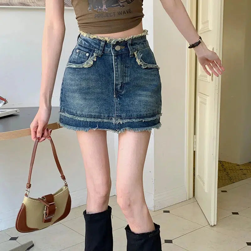 Maxi denim skirts for a bohemian feelTasseled Denim Mini Skort