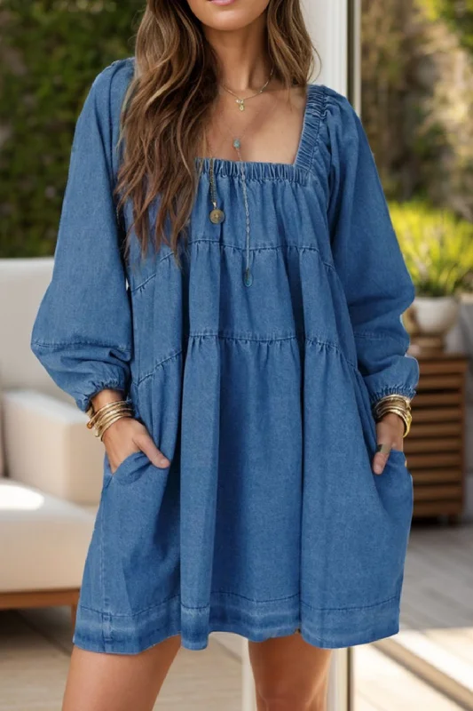 Denim Top with a Metallic Accent for a Shiny LookTied Square Neck Long Sleeve Denim Dress with Pockets Denim Top with a Metallic Accent for a Shiny LookTied Square Neck Long Sleeve Denim Dress with Pockets