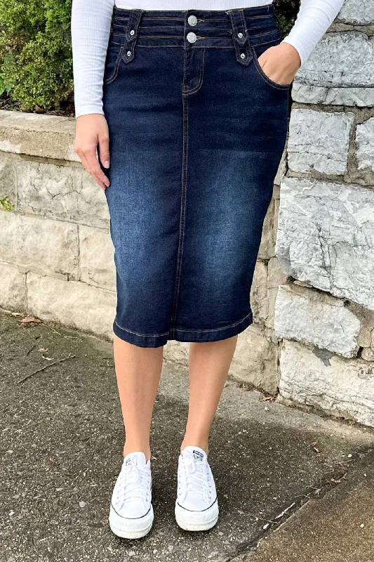Denim skirts with long - sleeve shirts for a more covered lookWren Button-Up Denim Skirt in Dk. Indigo (FINAL SALE) Denim skirts with long - sleeve shirts for a more covered lookWren Button-Up Denim Skirt in Dk. Indigo (FINAL SALE)
