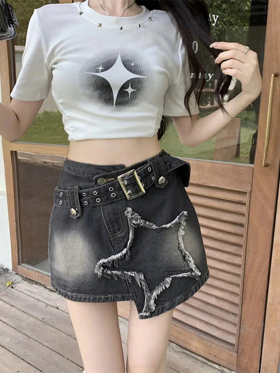 Acid - wash denim skirts for a vintage touchY2K Star Asymmetric Denim Mini Skirt
