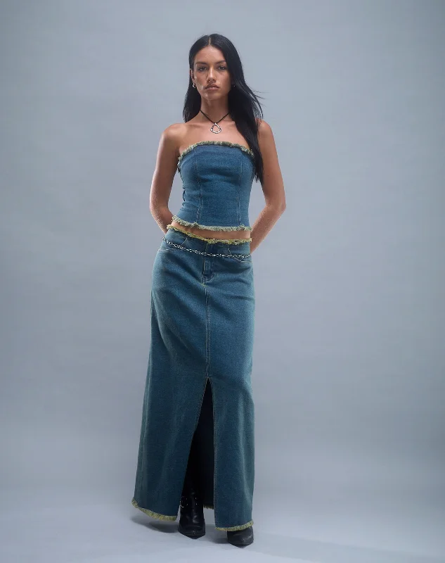 Denim skirts with sandals for a summer - ready outfitZaenap Frayed Denim Maxi Skirt in Brown Blue Acid Denim skirts with sandals for a summer - ready outfitZaenap Frayed Denim Maxi Skirt in Brown Blue Acid
