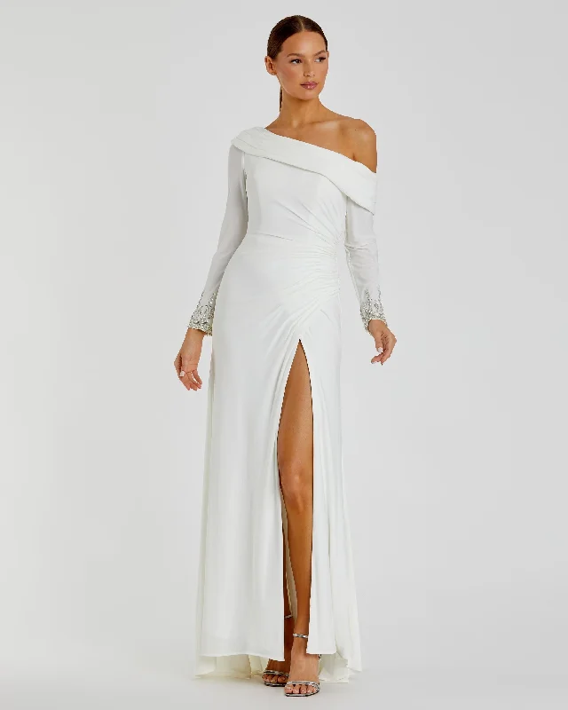 Maxi dresses with a wrap - around style for a customizable fitWhite Beaded Cuff Drop Shoulder Faux Wrap Gown Maxi dresses with a wrap - around style for a customizable fitWhite Beaded Cuff Drop Shoulder Faux Wrap Gown