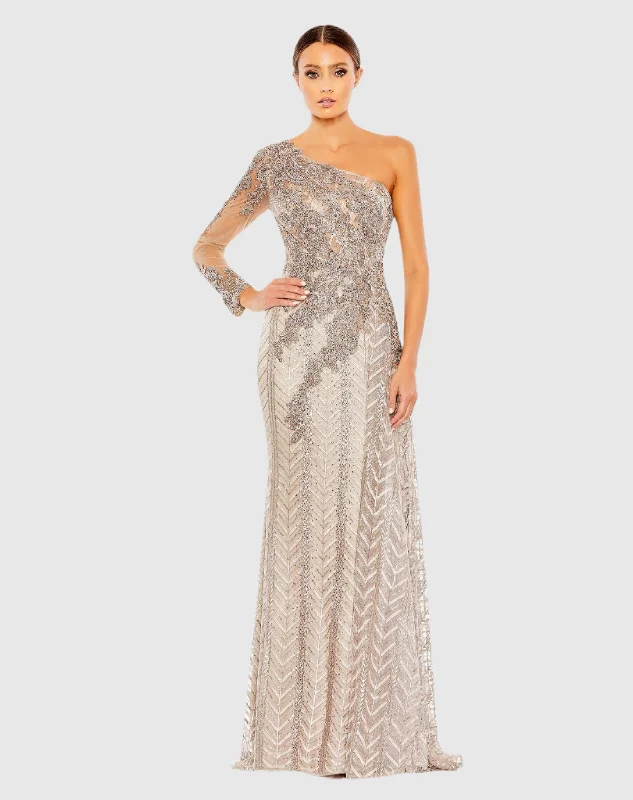 Maxi dresses with patchwork designs for a one - of - a - kind styleNeutral Embellished One Shoulder A Line Gown Maxi dresses with patchwork designs for a one - of - a - kind styleNeutral Embellished One Shoulder A Line Gown