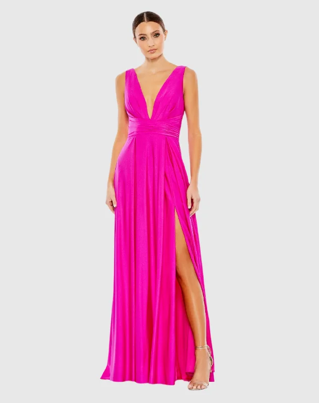Maxi dresses with a criss - cross back for a flirty and unique detailPink Jersey Plunge Neck Evening Gown Maxi dresses with a criss - cross back for a flirty and unique detailPink Jersey Plunge Neck Evening Gown