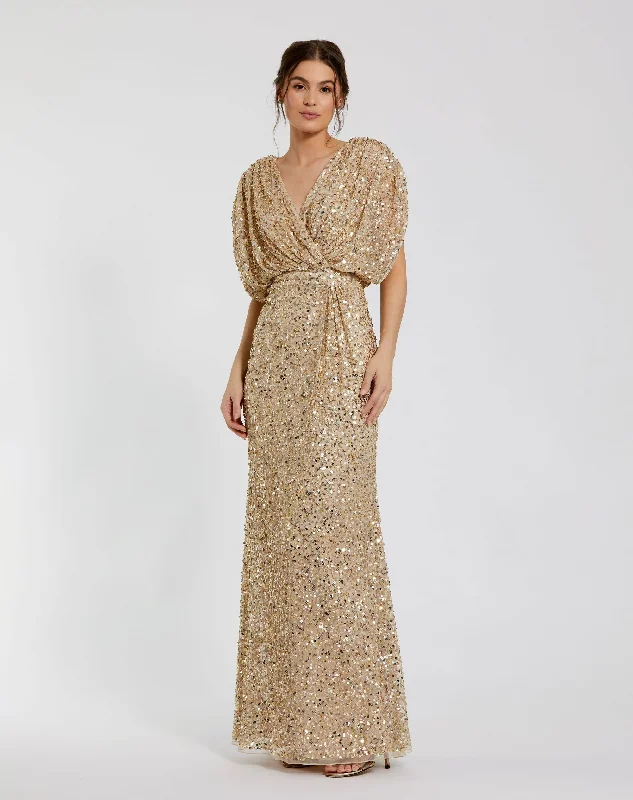 Maxi dresses with ribbed textures for a unique and tactile lookGold Draped Sleeve V Neck Gown Maxi dresses with ribbed textures for a unique and tactile lookGold Draped Sleeve V Neck Gown