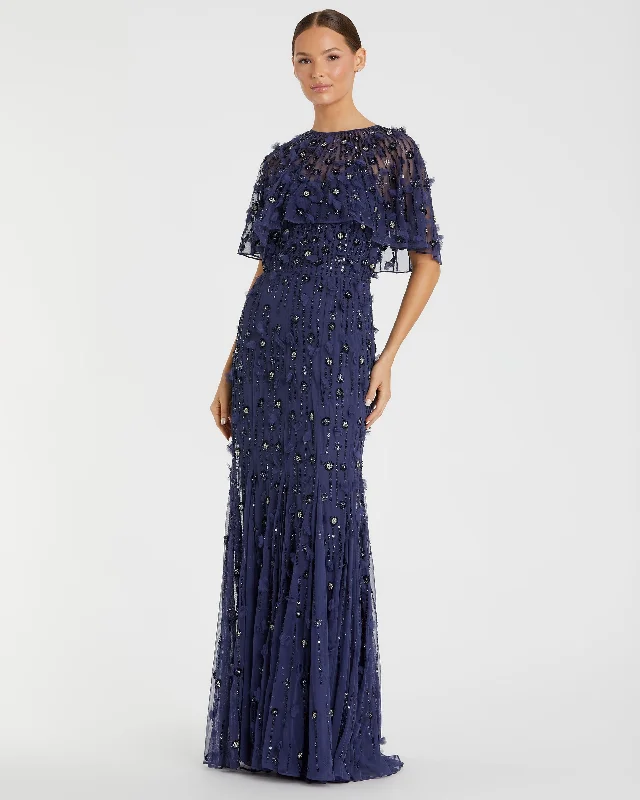 Satin maxi dresses with a high - low hem for a modern twistEmbellished Illusion Cape Sleeve Trumpet Gown Satin maxi dresses with a high - low hem for a modern twistEmbellished Illusion Cape Sleeve Trumpet Gown