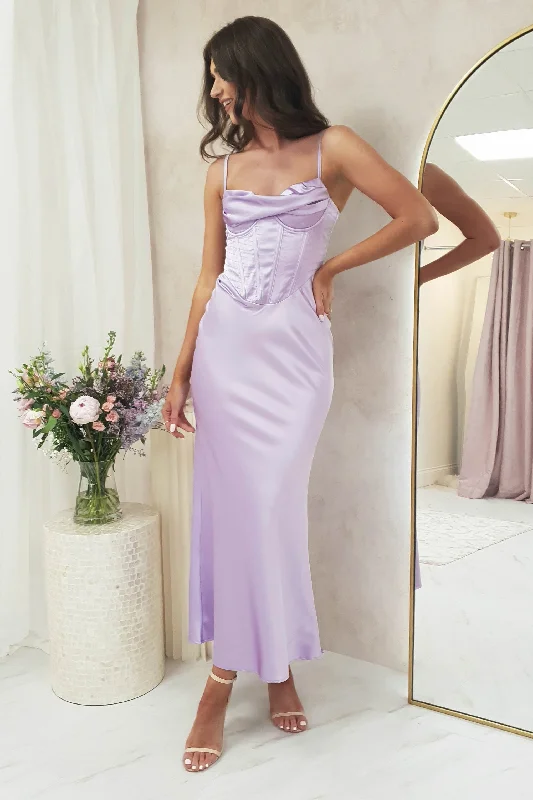 Maxi dresses with a keyhole back for a sexy detailAshka Satin Corset Maxi Dress | Lilac Maxi dresses with a keyhole back for a sexy detailAshka Satin Corset Maxi Dress | Lilac