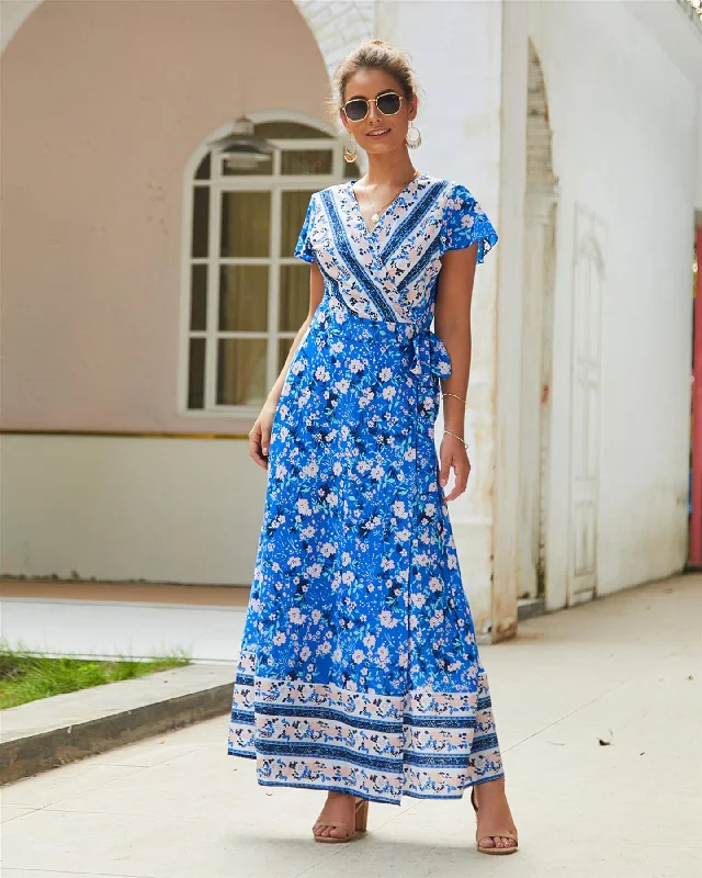 Cotton maxi dresses for a comfortable and everyday - wear optionBohemian Style Wrap Maxi Dress In Blue & Pink Floral Print Cotton maxi dresses for a comfortable and everyday - wear optionBohemian Style Wrap Maxi Dress In Blue & Pink Floral Print