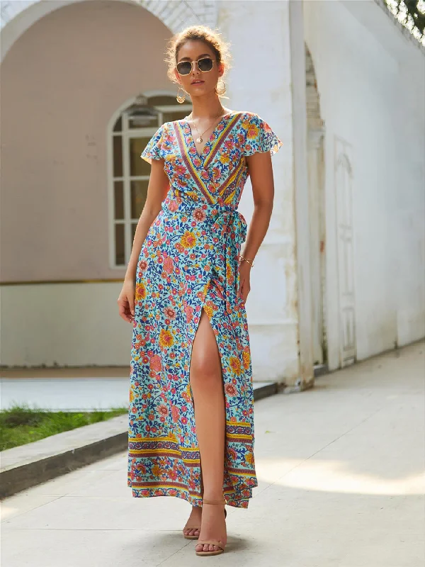 Maxi dresses with a button - down front for a classic lookBohemian Style Wrap Maxi Dress In Mint & Orange Floral Print Maxi dresses with a button - down front for a classic lookBohemian Style Wrap Maxi Dress In Mint & Orange Floral Print