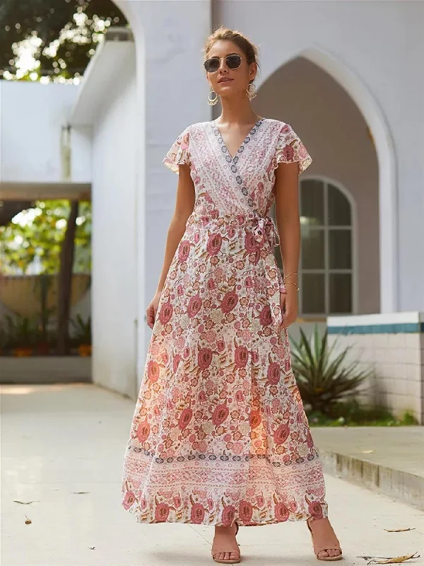 Maxi dresses with cold - shoulder cutouts for a trendy lookBohemian Style Wrap Maxi Dress In Peach & Cream Mix Floral Print Maxi dresses with cold - shoulder cutouts for a trendy lookBohemian Style Wrap Maxi Dress In Peach & Cream Mix Floral Print