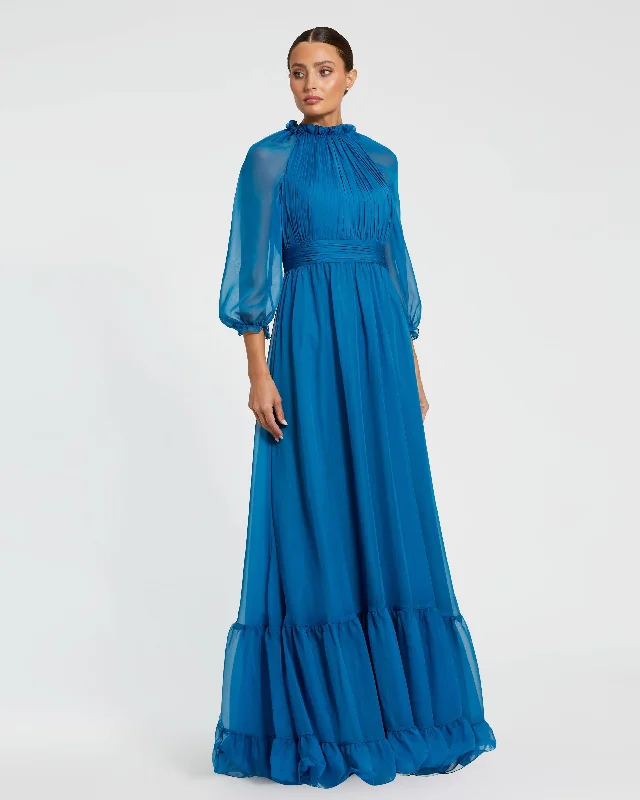 Maxi dresses with a gathered skirt for a voluminous and dramatic effectChiffon Ruched Illusion Raglan Sleeve Ruffled Gown Maxi dresses with a gathered skirt for a voluminous and dramatic effectChiffon Ruched Illusion Raglan Sleeve Ruffled Gown