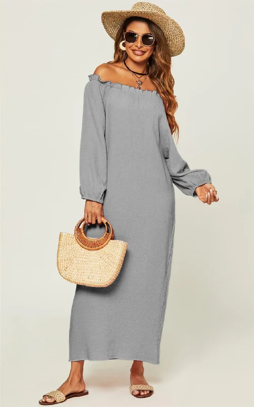 Maxi dresses with cold - shoulder cutouts for a trendy lookComfy Cotton Bardot Frill Detail Maxi Dress In Grey Maxi dresses with cold - shoulder cutouts for a trendy lookComfy Cotton Bardot Frill Detail Maxi Dress In Grey