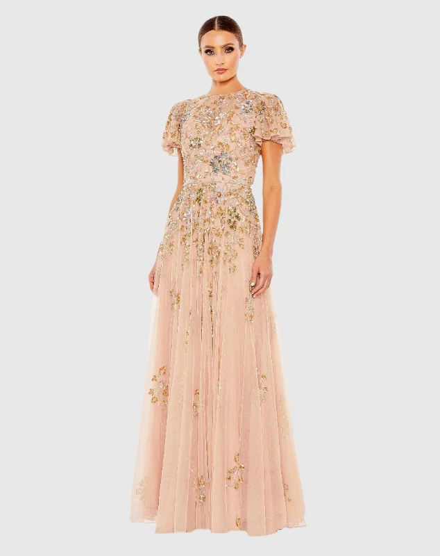 Sheer maxi dresses with lace overlays for a romantic touchEmbellished Butterfly Sleeve High Neck Gown Sheer maxi dresses with lace overlays for a romantic touchEmbellished Butterfly Sleeve High Neck Gown