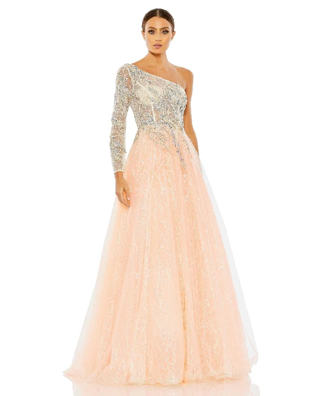 Ruffled maxi dresses with a tiered skirt for added volumeEmbroidered One Shoulder Bodice Ballgown - FINAL SALE Ruffled maxi dresses with a tiered skirt for added volumeEmbroidered One Shoulder Bodice Ballgown - FINAL SALE