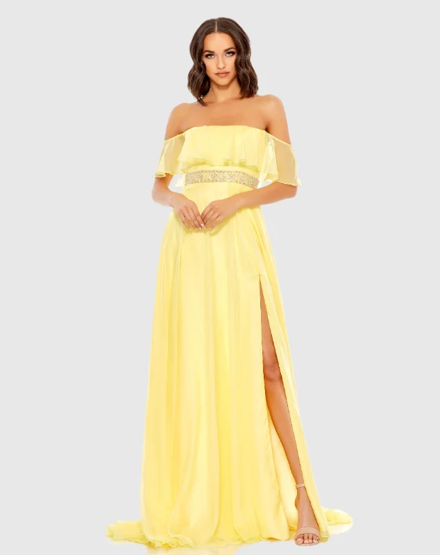 Satin maxi dresses with a high - low hem for a modern twistFlowy Off-the-Shoulder Gown Satin maxi dresses with a high - low hem for a modern twistFlowy Off-the-Shoulder Gown