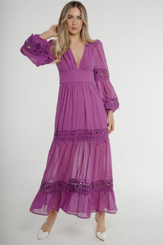 Maxi dresses with mesh panels for a sexy and trendy appearanceHolly Long Sleeve Maxi Dress In Purple Maxi dresses with mesh panels for a sexy and trendy appearanceHolly Long Sleeve Maxi Dress In Purple
