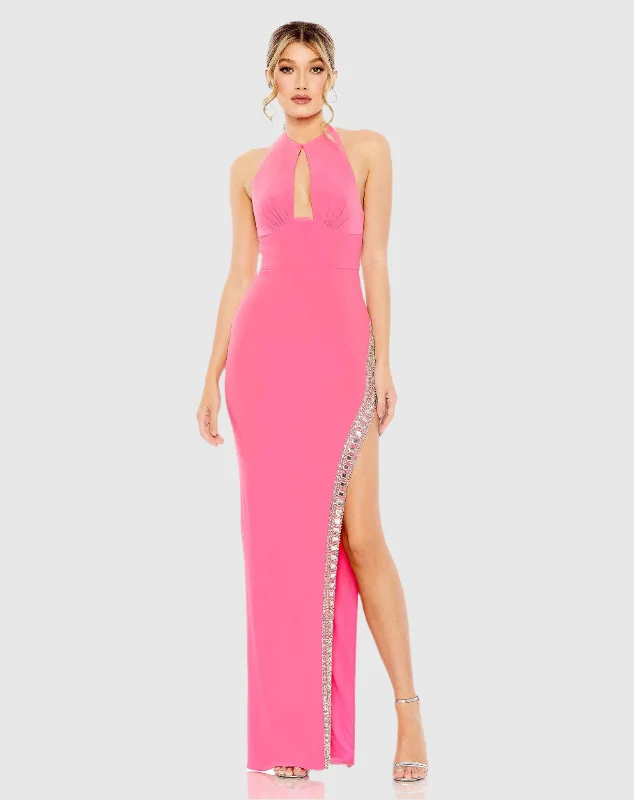 Maxi dresses with a wrap - around style for a customizable fitJersey Halter Neck Beaded Slit Detail Gown Maxi dresses with a wrap - around style for a customizable fitJersey Halter Neck Beaded Slit Detail Gown