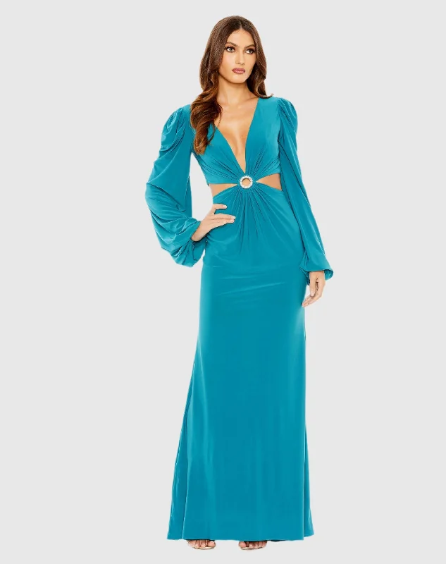 Maxi dresses with bow accents at the waist for a sweet appearanceJersey Puff Sleeve Cut Out Column Gown - FINAL SALE Maxi dresses with bow accents at the waist for a sweet appearanceJersey Puff Sleeve Cut Out Column Gown - FINAL SALE
