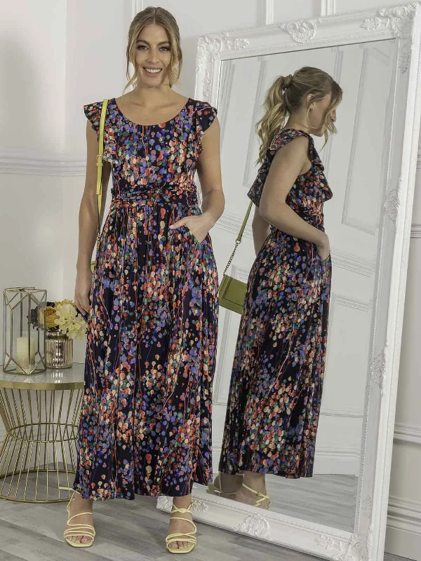 Leather maxi dresses for an edgy and bold appearanceJolie Moi Adalena Frill Shoulder Maxi Dress, Navy Multi Leather maxi dresses for an edgy and bold appearanceJolie Moi Adalena Frill Shoulder Maxi Dress, Navy Multi