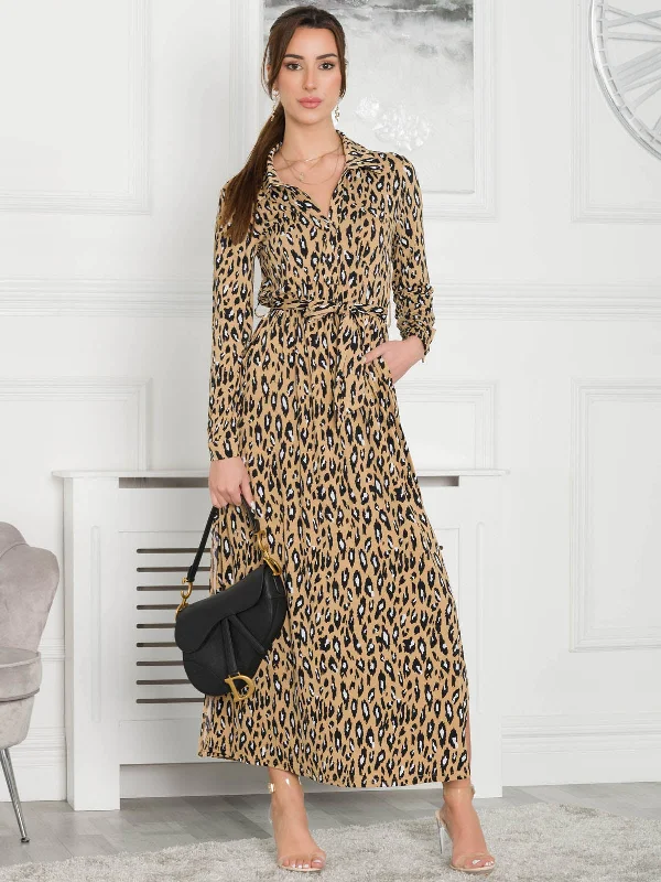 Maxi dresses with cold - shoulder cutouts for a trendy lookJolie Moi Dora Leopard Maxi Shirt Dress, Camel Maxi dresses with cold - shoulder cutouts for a trendy lookJolie Moi Dora Leopard Maxi Shirt Dress, Camel