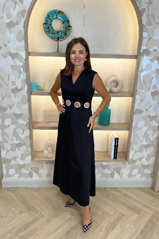 Denim maxi dresses with frayed hems for a casual lookKayla Cut Out Waist Dress In Black Denim maxi dresses with frayed hems for a casual lookKayla Cut Out Waist Dress In Black