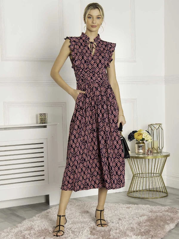 Leather maxi dresses for an edgy and bold appearanceKynlee Frilly Shoulder Maxi Dress, Navy Geo Leather maxi dresses for an edgy and bold appearanceKynlee Frilly Shoulder Maxi Dress, Navy Geo