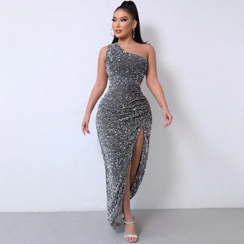 Maxi dresses with ribbed textures for a unique and tactile lookShimmery Sequin High Split One Shoulder Gown Maxi Dress - Dark Gray Maxi dresses with ribbed textures for a unique and tactile lookShimmery Sequin High Split One Shoulder Gown Maxi Dress - Dark Gray