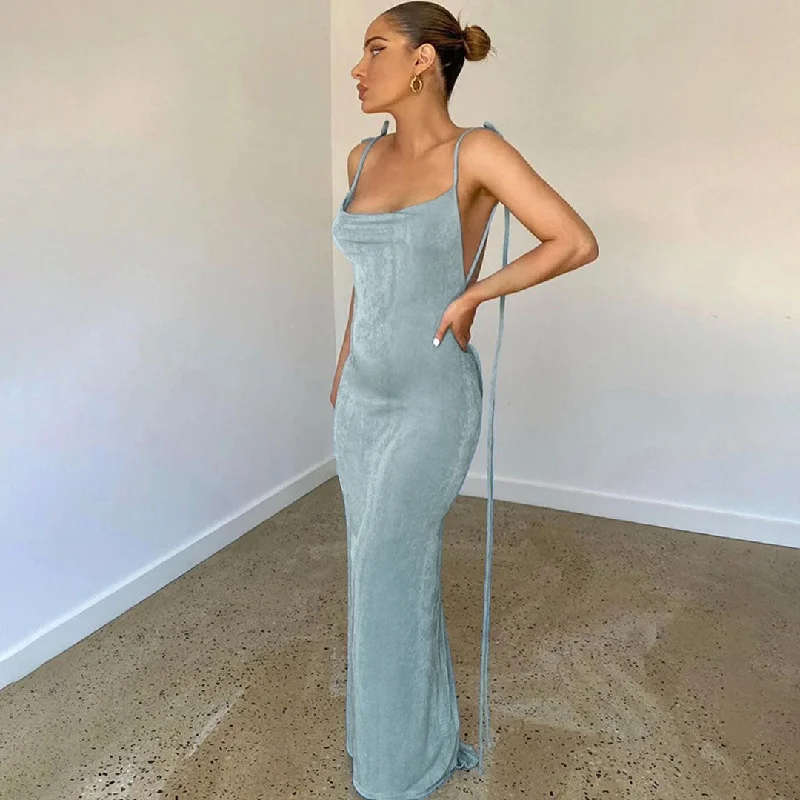 Maxi dresses with a gathered skirt for a voluminous and dramatic effectPretty Cowl Neck Strappy Draped Maxi Dress - Denim Blue Maxi dresses with a gathered skirt for a voluminous and dramatic effectPretty Cowl Neck Strappy Draped Maxi Dress - Denim Blue