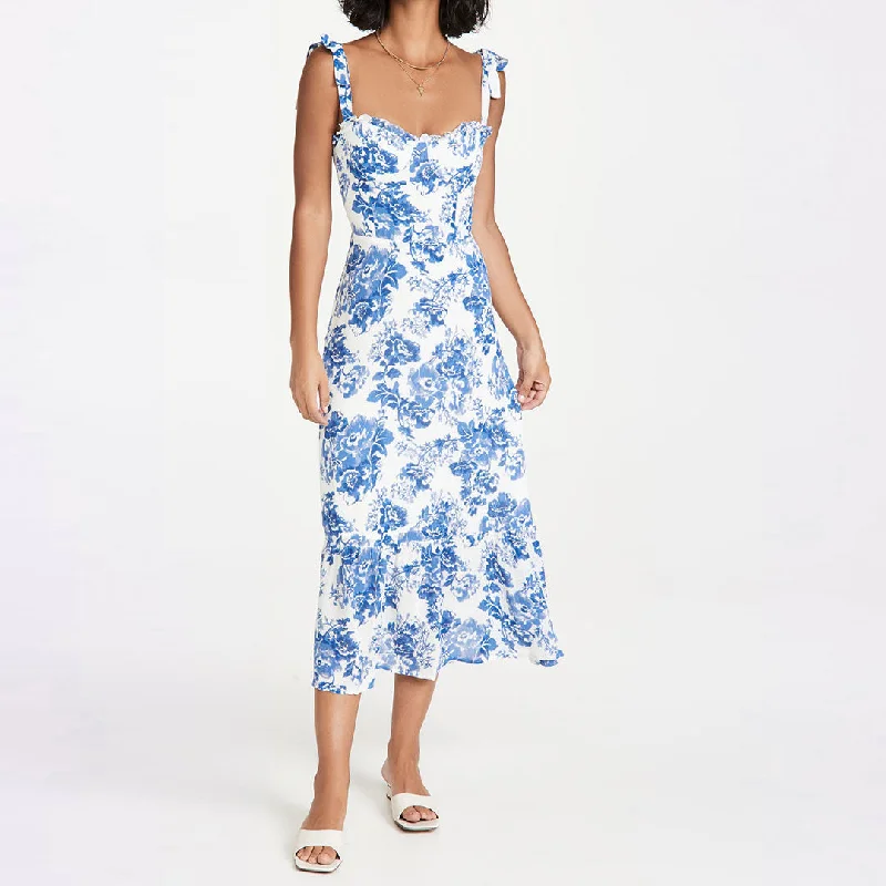 Linen maxi dresses for a breathable and lightweight summer optionSummery Ruffle Trim Floral Printed Tie Strap Midi Sundress - Blue Linen maxi dresses for a breathable and lightweight summer optionSummery Ruffle Trim Floral Printed Tie Strap Midi Sundress - Blue