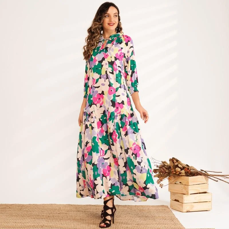Denim maxi dresses with frayed hems for a casual lookFashionSierra - New Summer Maxi Dress Women Multicolor Floral Printing 3/4 Sleeve Bow Tie Collar A-line Bohemian Elegant Holiday Style Robe Denim maxi dresses with frayed hems for a casual lookFashionSierra - New Summer Maxi Dress Women Multicolor Floral Printing 3/4 Sleeve Bow Tie Collar A-line Bohemian Elegant Holiday Style Robe