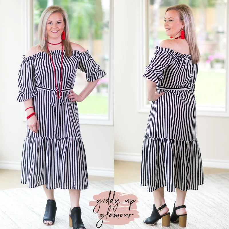 Maxi dresses with a button - down front for a classic lookJailhouse Rock Off The Shoulder Striped Midi Maxi Dress in Black