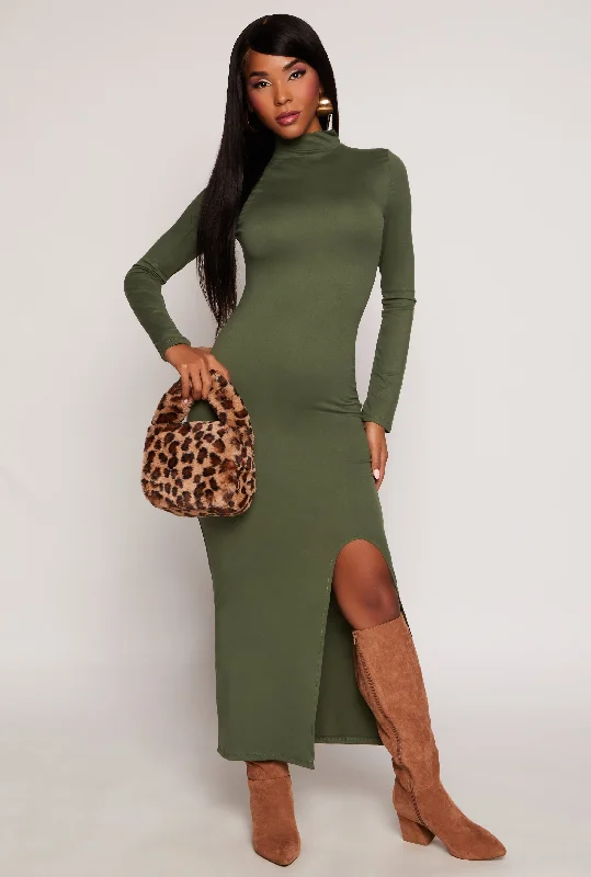 Maxi dresses with embroidered floral motifs for a unique designMock Neck Side Slit Maxi Dress Maxi dresses with embroidered floral motifs for a unique designMock Neck Side Slit Maxi Dress