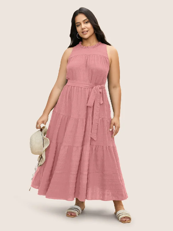 Maxi dresses with fringe trim for a bohemian vibePlain Textured A-line Frill Trim Dress Maxi dresses with fringe trim for a bohemian vibePlain Textured A-line Frill Trim Dress
