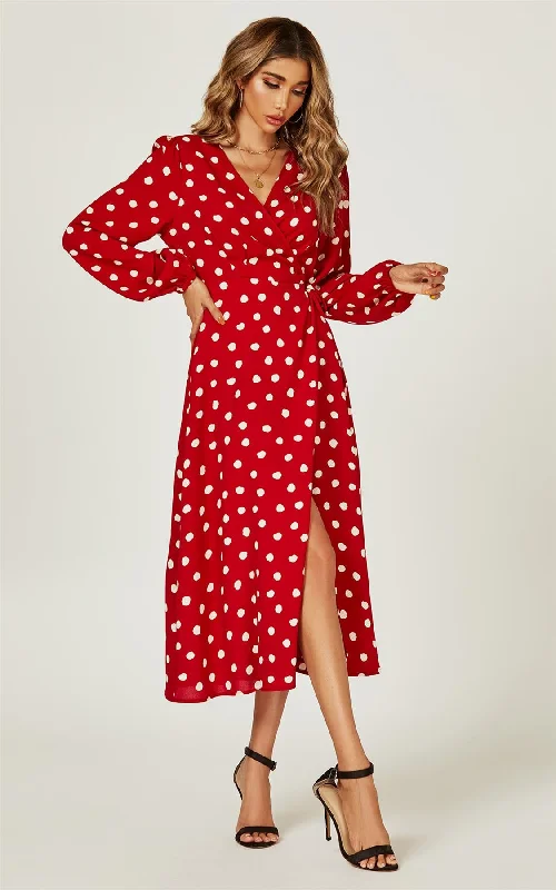 Maxi dresses with geometric prints for a contemporary aestheticPolka Dot Wrap Midi Dress In Red